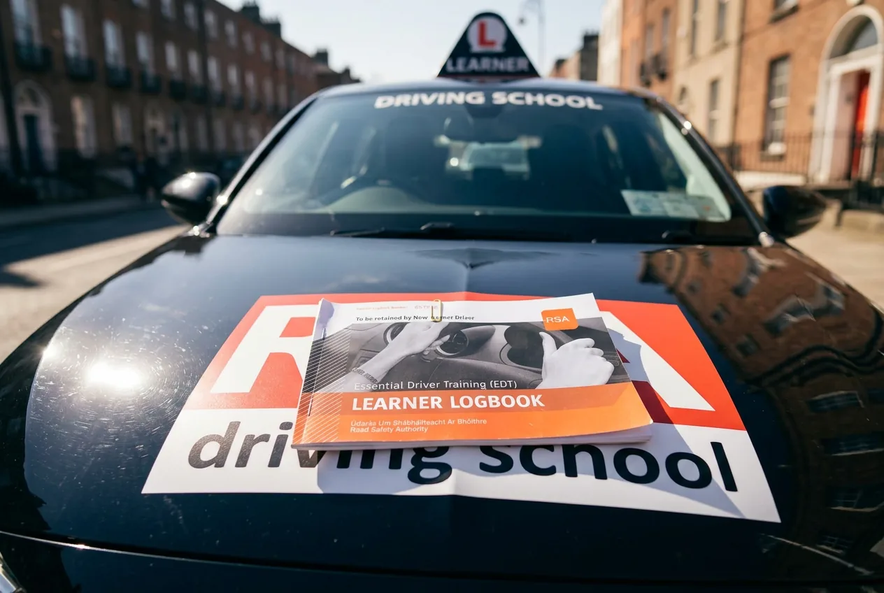 An RSA learner car with the EDT logbook on the bonnet, on a Tallaght street