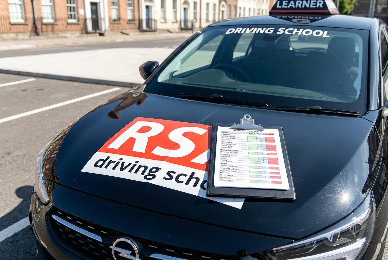 An RSA mock test marking sheet on a clipboard on the bonnet of a learner car