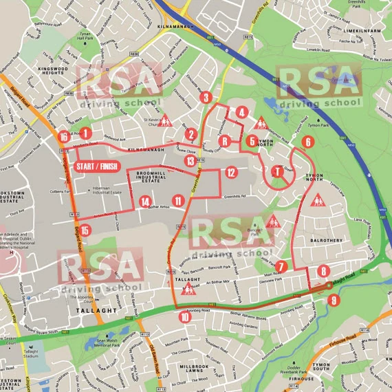 Map of a Tallaght driving test route around Kilnamanagh, Tymon North and the Broomhill Road test centre
